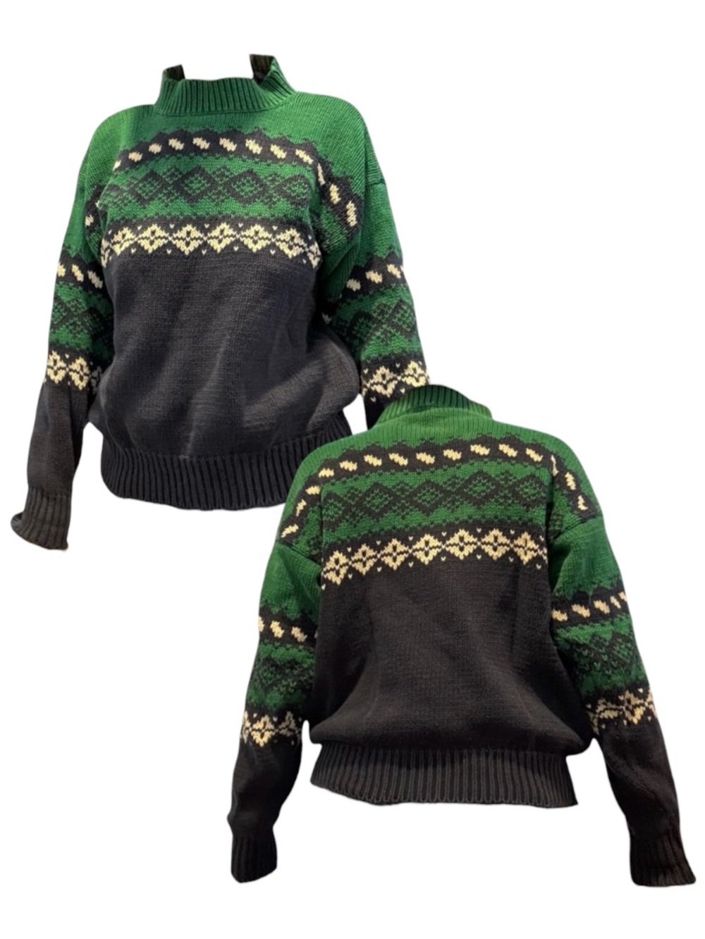 Vintage Green & Navy Fair Isle Cotton Knit Crew Neck Sweater